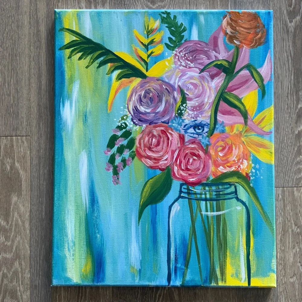 Eye in Flowers Hand-painted Unique Original Floral Art Picture Acrylic on Canvas